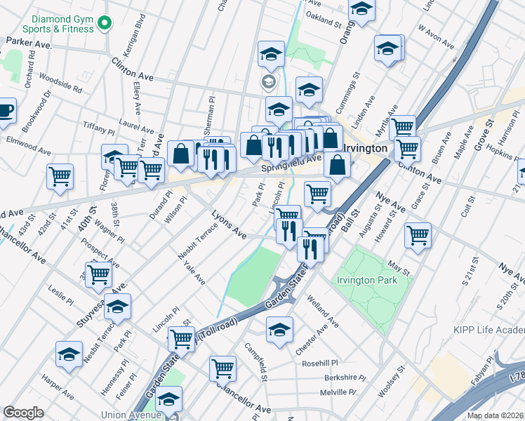 map of restaurants, bars, coffee shops, grocery stores, and more near 10-12 Weber Place in Irvington
