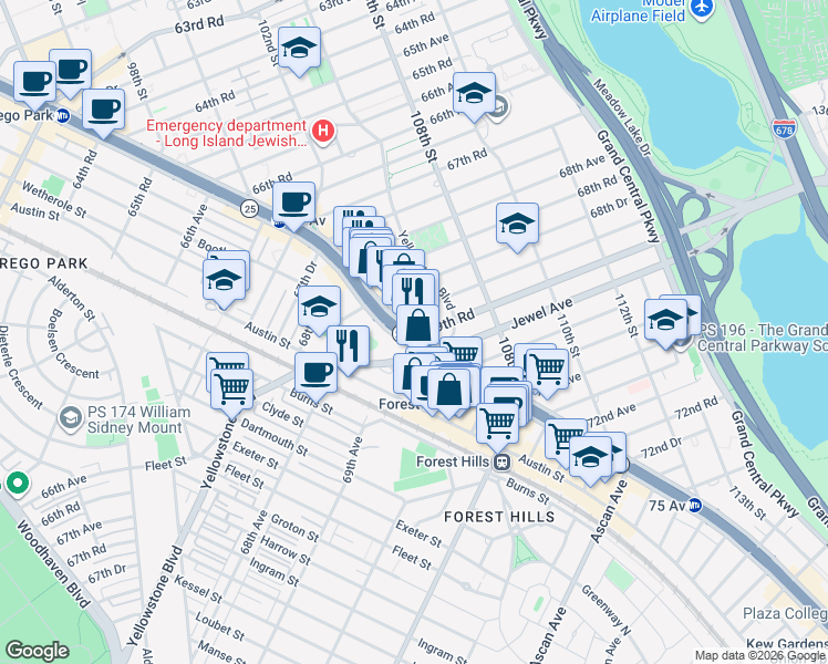 map of restaurants, bars, coffee shops, grocery stores, and more near 104-33 Queens Boulevard in Queens