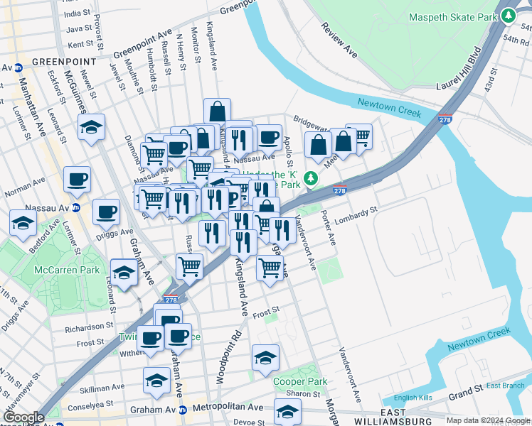 map of restaurants, bars, coffee shops, grocery stores, and more near 10 Driggs Ave in Brooklyn