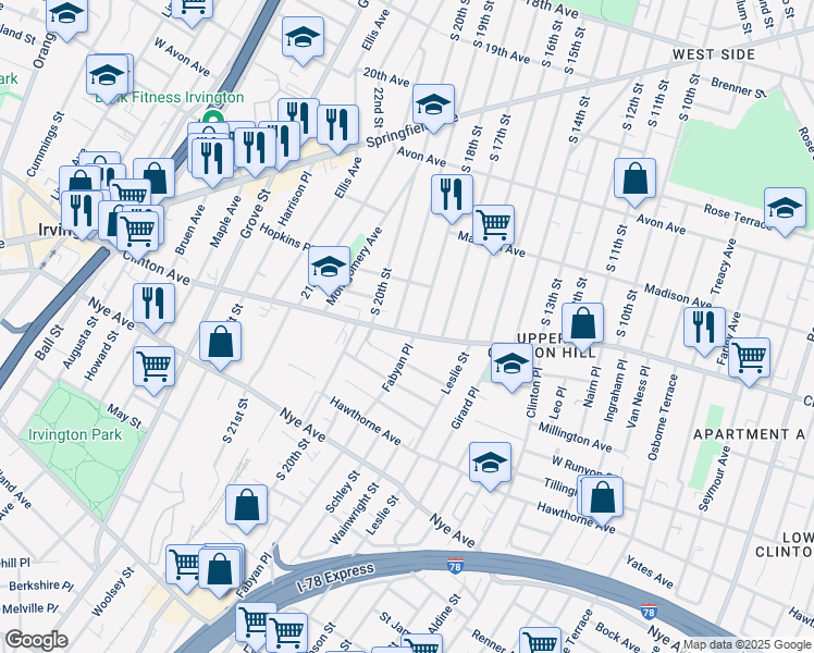 map of restaurants, bars, coffee shops, grocery stores, and more near 827 Clinton Avenue in Newark