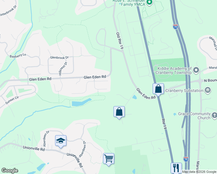 map of restaurants, bars, coffee shops, grocery stores, and more near 121 Eden Way Court in Cranberry Township