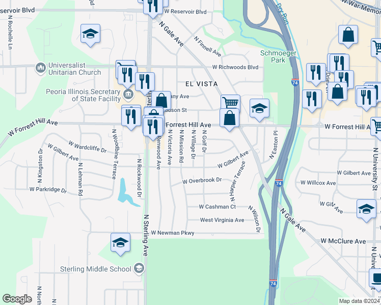 map of restaurants, bars, coffee shops, grocery stores, and more near 2925 North Village Drive in Peoria