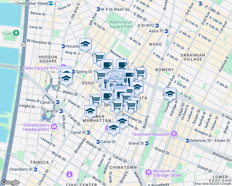 map of restaurants, bars, coffee shops, grocery stores, and more near 550 Broadway in New York