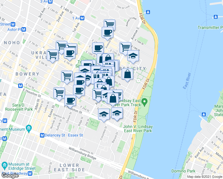 map of restaurants, bars, coffee shops, grocery stores, and more near 248 East 7th Street in New York