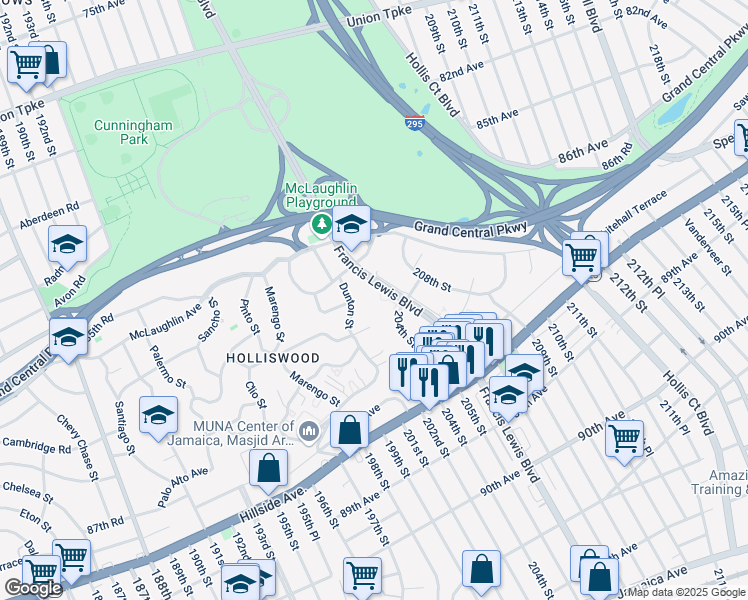 map of restaurants, bars, coffee shops, grocery stores, and more near 86-70 Francis Lewis Boulevard in Queens
