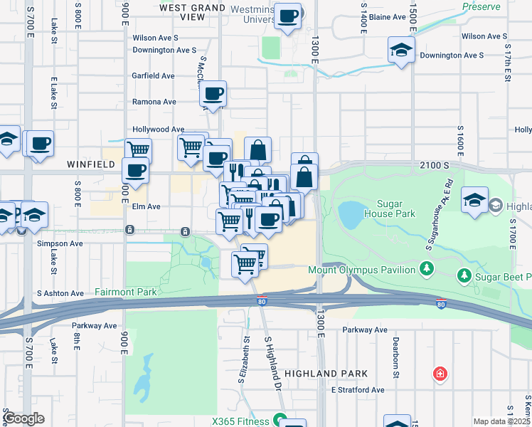 map of restaurants, bars, coffee shops, grocery stores, and more near 1201 Wilmington Avenue in Salt Lake City
