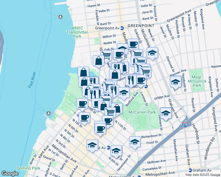map of restaurants, bars, coffee shops, grocery stores, and more near 21 Wythe Avenue in Brooklyn