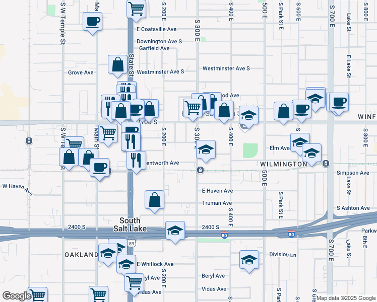 map of restaurants, bars, coffee shops, grocery stores, and more near 2174 South 300 East in Salt Lake City