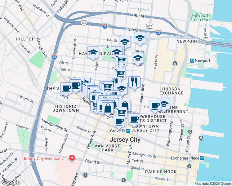 map of restaurants, bars, coffee shops, grocery stores, and more near 234 3rd Street in Jersey City