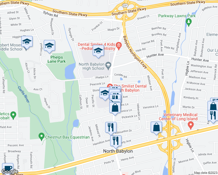 map of restaurants, bars, coffee shops, grocery stores, and more near 800 Deer Park Avenue in North Babylon
