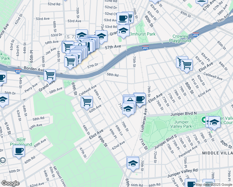 map of restaurants, bars, coffee shops, grocery stores, and more near 71-07 60th Avenue in Queens