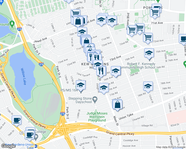 map of restaurants, bars, coffee shops, grocery stores, and more near 141-58 73rd Terrace in Queens