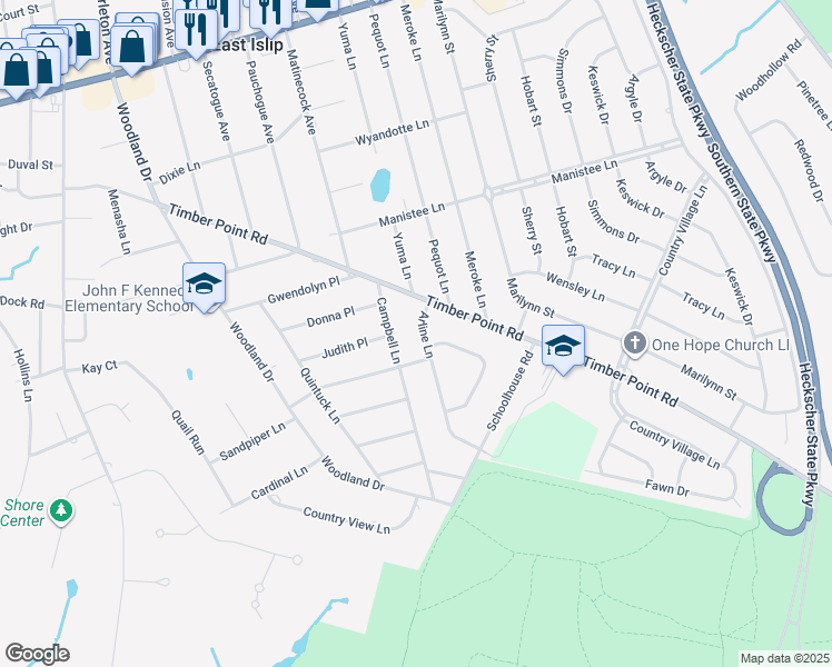 map of restaurants, bars, coffee shops, grocery stores, and more near 16 Arline Lane in East Islip