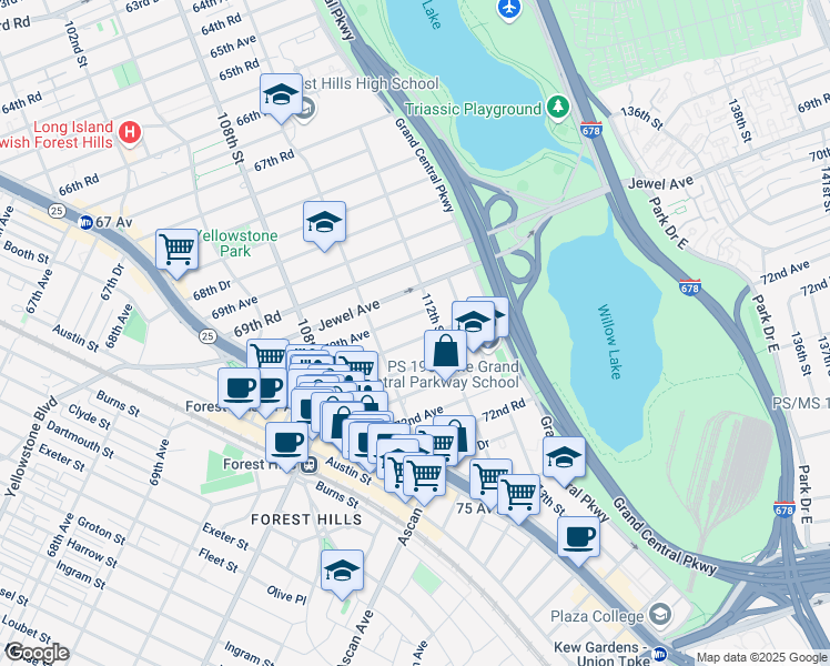 map of restaurants, bars, coffee shops, grocery stores, and more near 110-37 70th Road in Queens