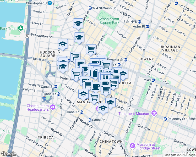 map of restaurants, bars, coffee shops, grocery stores, and more near 533 Broadway in New York