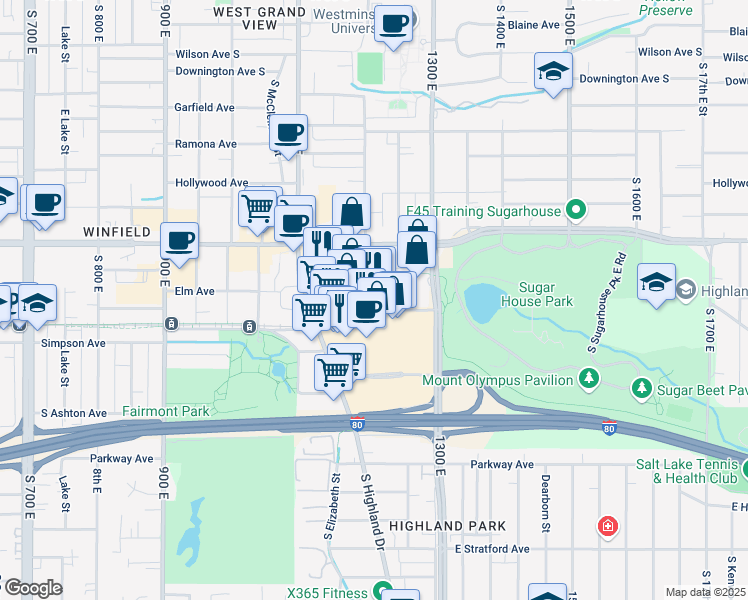 map of restaurants, bars, coffee shops, grocery stores, and more near 1215 Wilmington Avenue in Salt Lake City