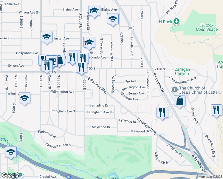 map of restaurants, bars, coffee shops, grocery stores, and more near 2204 Wyoming Street East in Salt Lake City