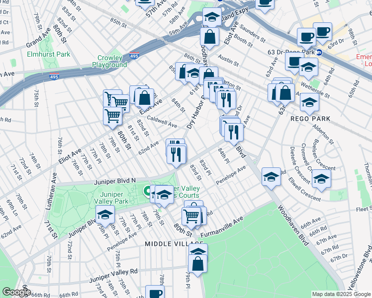 map of restaurants, bars, coffee shops, grocery stores, and more near 62-45 83rd Street in Queens