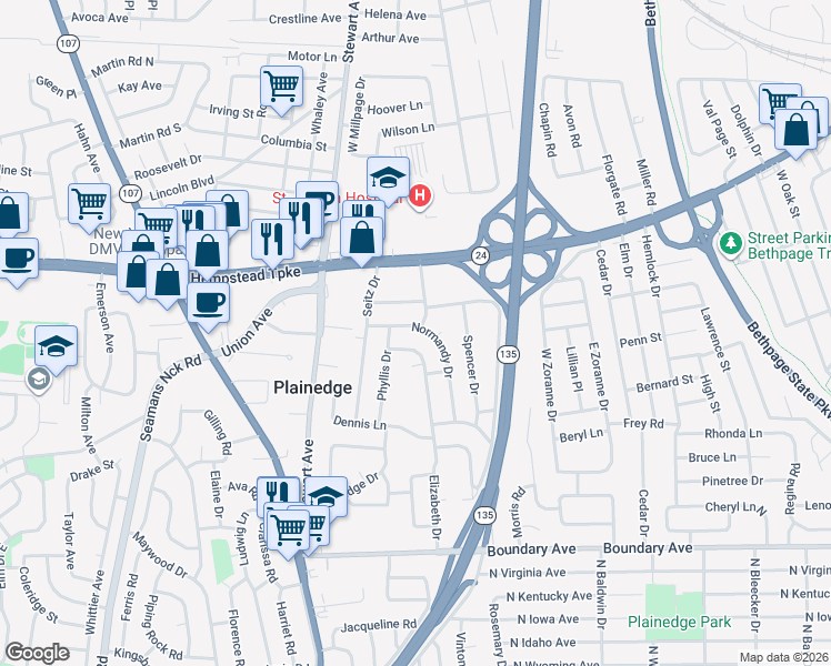 map of restaurants, bars, coffee shops, grocery stores, and more near 19 Normandy Drive in Bethpage