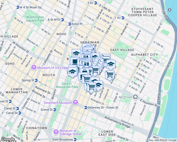 map of restaurants, bars, coffee shops, grocery stores, and more near 105 East 2nd Street in New York