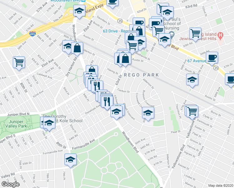 map of restaurants, bars, coffee shops, grocery stores, and more near 63-87 Fitchett Street in Queens