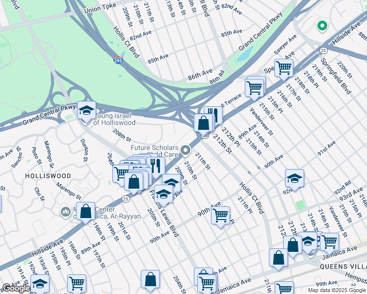 map of restaurants, bars, coffee shops, grocery stores, and more near 210-15B Hillside Avenue in Queens