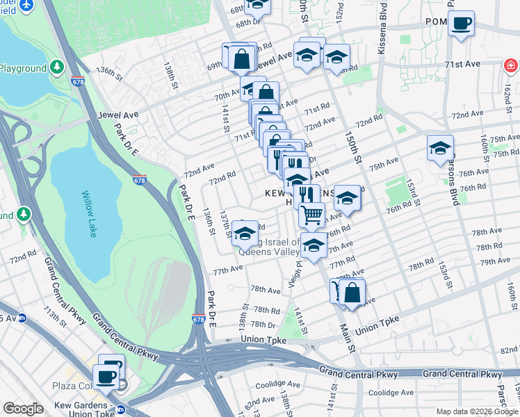 map of restaurants, bars, coffee shops, grocery stores, and more near 141-15 73rd Terrace in Queens