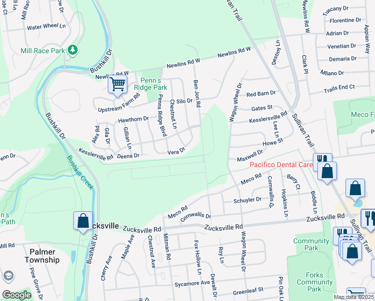 map of restaurants, bars, coffee shops, grocery stores, and more near 1170 Vera Drive in Easton
