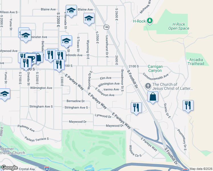 map of restaurants, bars, coffee shops, grocery stores, and more near 2549 Yermo Avenue in Salt Lake City