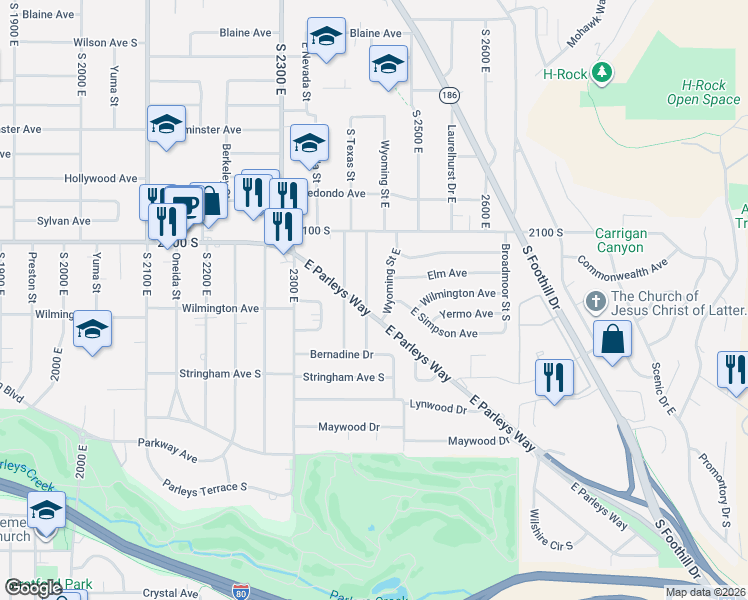 map of restaurants, bars, coffee shops, grocery stores, and more near 2204 Wyoming Street East in Salt Lake City