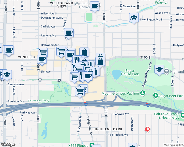map of restaurants, bars, coffee shops, grocery stores, and more near 1215 Wilmington Avenue in Salt Lake City