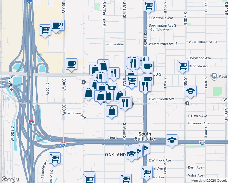 map of restaurants, bars, coffee shops, grocery stores, and more near in South Salt Lake