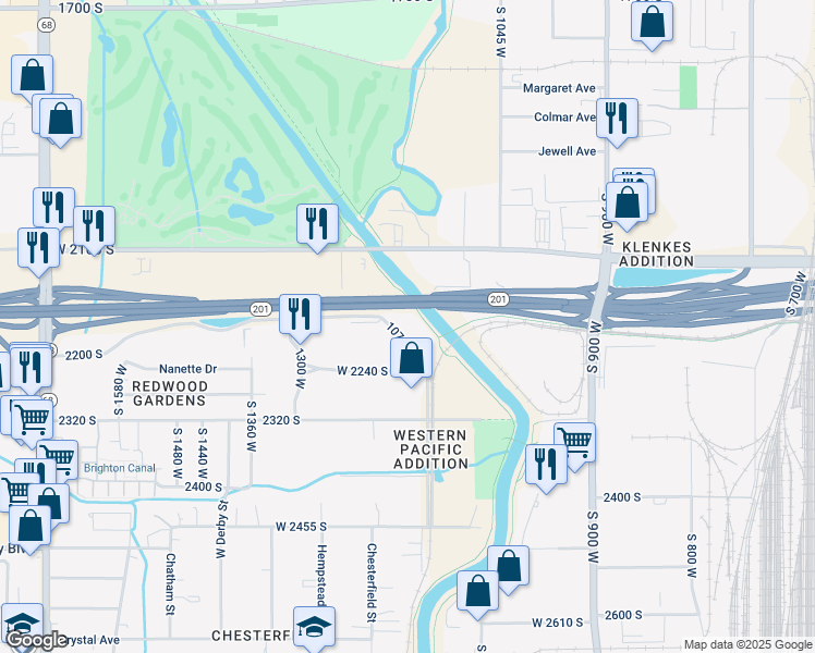 map of restaurants, bars, coffee shops, grocery stores, and more near Jordan River Parkway Trail in West Valley City