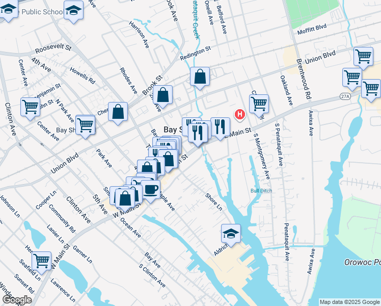 map of restaurants, bars, coffee shops, grocery stores, and more near 119 New York 27A in Bay Shore