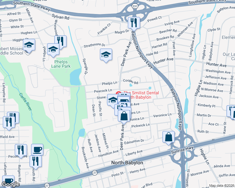 map of restaurants, bars, coffee shops, grocery stores, and more near 800 Deer Park Avenue in North Babylon