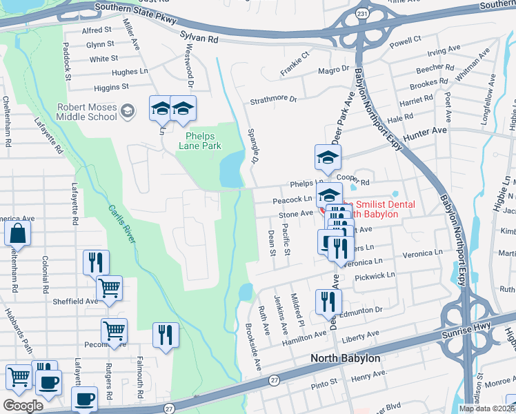 map of restaurants, bars, coffee shops, grocery stores, and more near 90 Peacock Lane in North Babylon