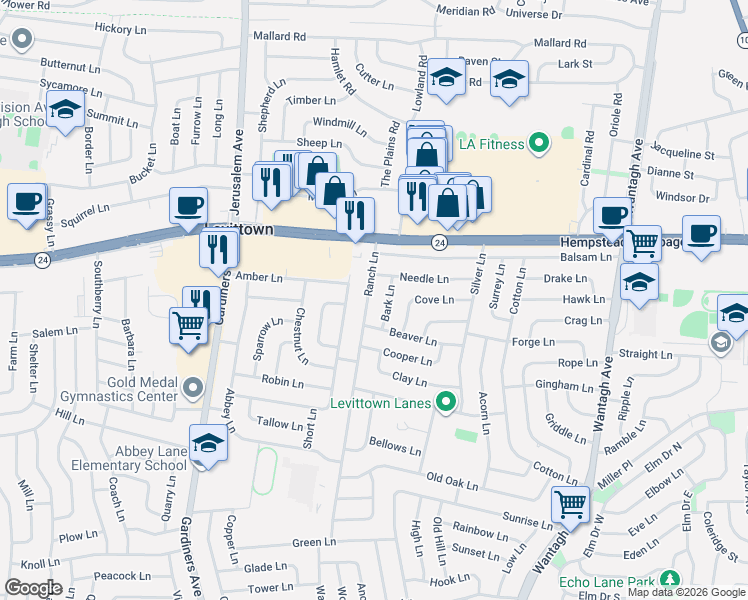 map of restaurants, bars, coffee shops, grocery stores, and more near 40 Ranch Lane in Levittown