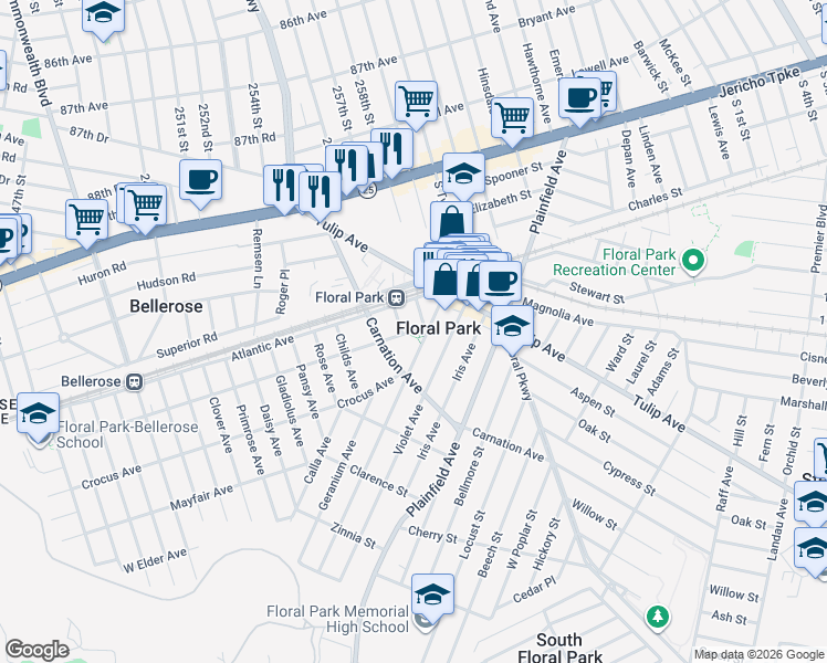 map of restaurants, bars, coffee shops, grocery stores, and more near in Floral Park