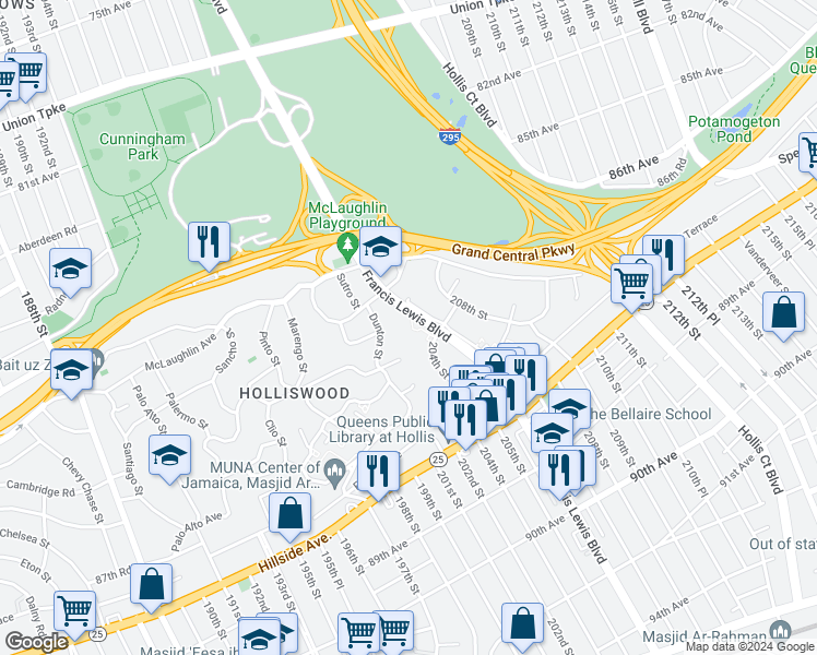 map of restaurants, bars, coffee shops, grocery stores, and more near 86-70 Francis Lewis Boulevard in Queens