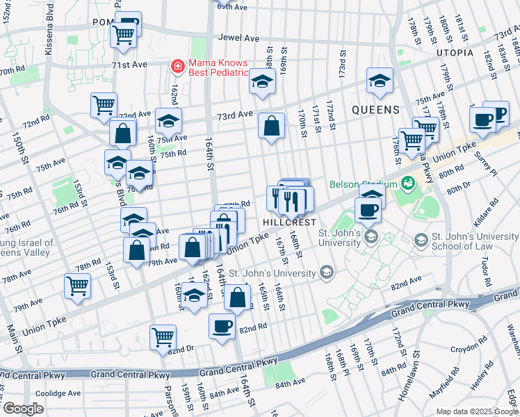 map of restaurants, bars, coffee shops, grocery stores, and more near 77-28 167th Street in Queens