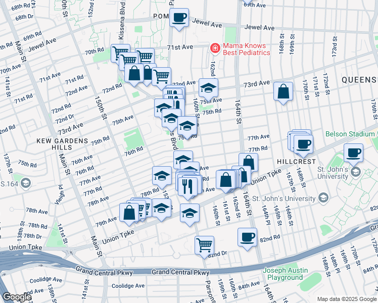map of restaurants, bars, coffee shops, grocery stores, and more near 158-29 77th Road in Queens