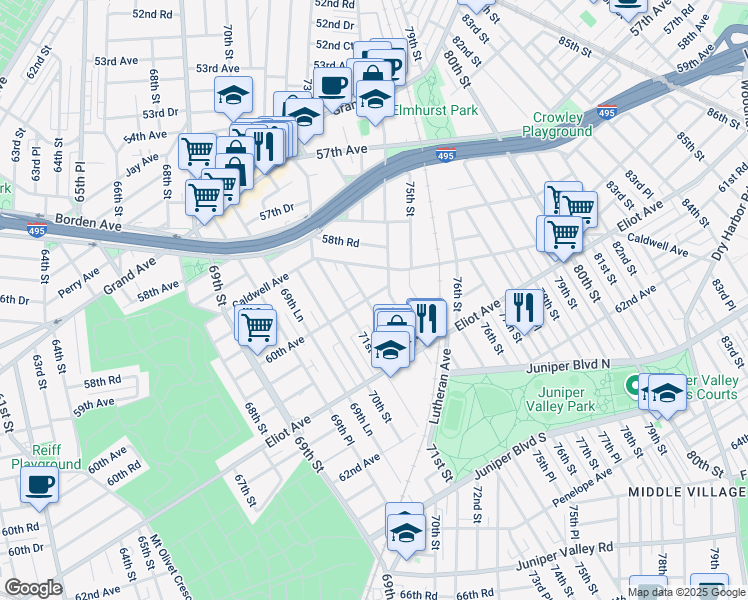 map of restaurants, bars, coffee shops, grocery stores, and more near 60-18 74th Street in Queens