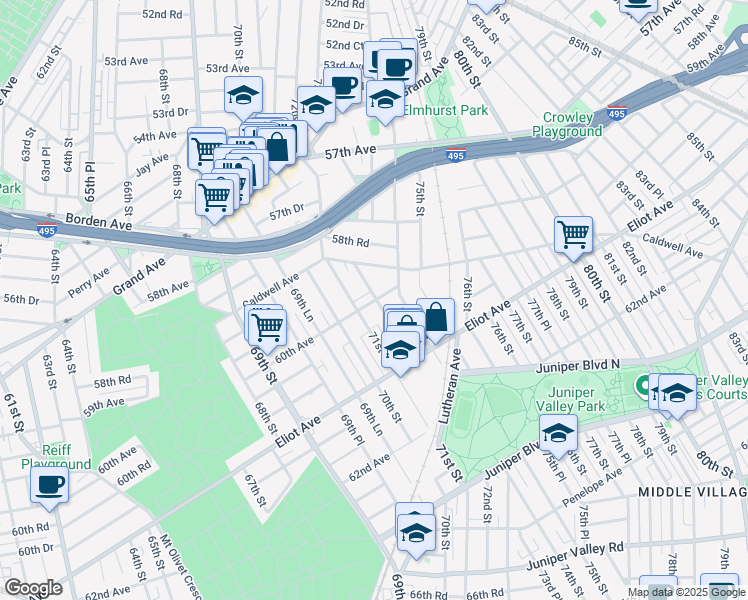 map of restaurants, bars, coffee shops, grocery stores, and more near 71-07 60th Avenue in Queens
