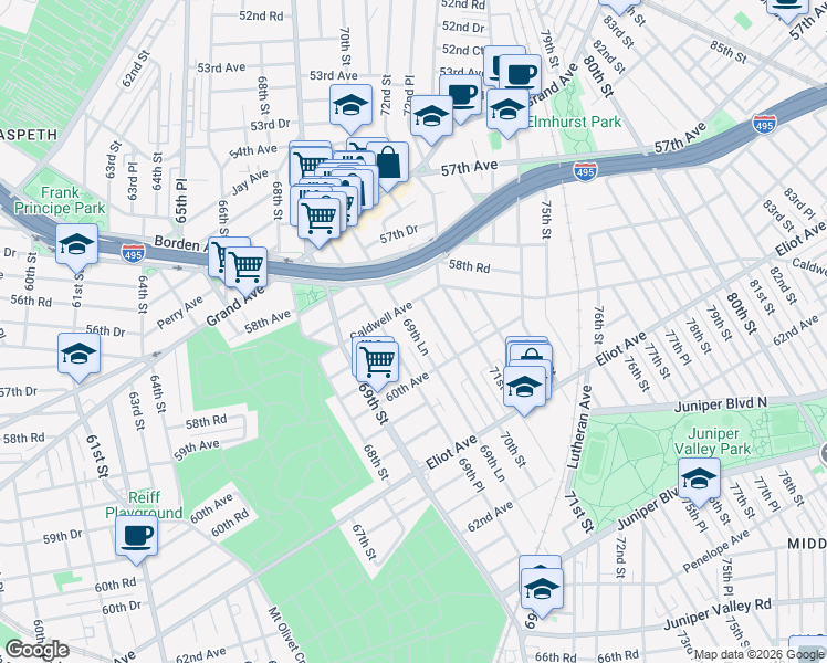 map of restaurants, bars, coffee shops, grocery stores, and more near 59-28 69th Lane in Queens