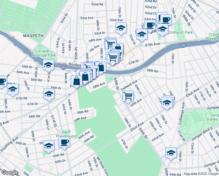 map of restaurants, bars, coffee shops, grocery stores, and more near 58-08 Brown Place in Queens