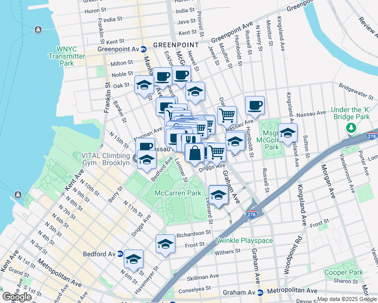 map of restaurants, bars, coffee shops, grocery stores, and more near 541 Leonard Street in Brooklyn