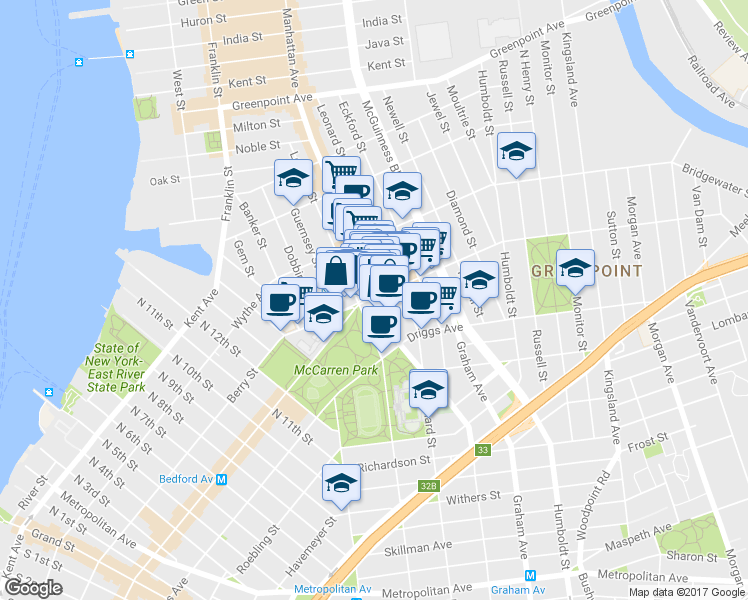 map of restaurants, bars, coffee shops, grocery stores, and more near 649 Manhattan Avenue in Brooklyn
