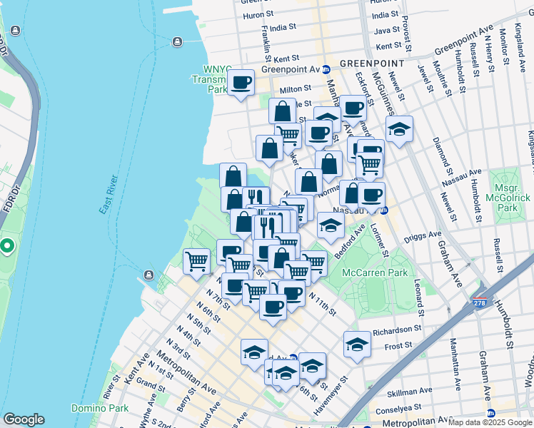 map of restaurants, bars, coffee shops, grocery stores, and more near 89 North 13th Street in Brooklyn