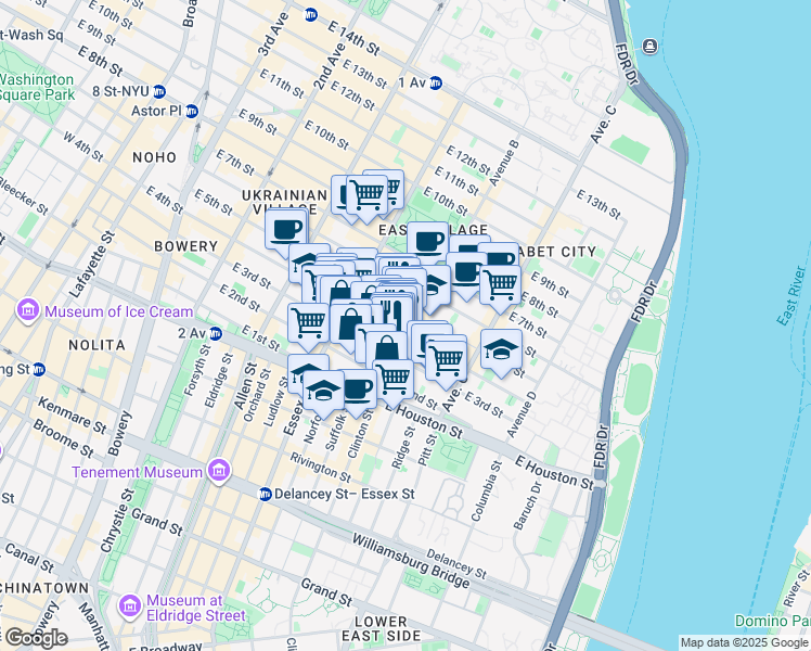 map of restaurants, bars, coffee shops, grocery stores, and more near 50-52 Avenue B in New York