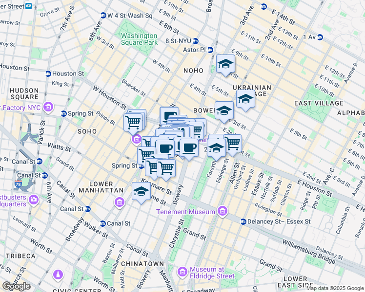 map of restaurants, bars, coffee shops, grocery stores, and more near 259 Elizabeth Street in New York